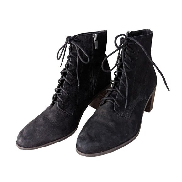 Lucky Brand Persee Boot Lace Up Zip Block Heel Black Leather Women's 10 - Picture 1 of 9